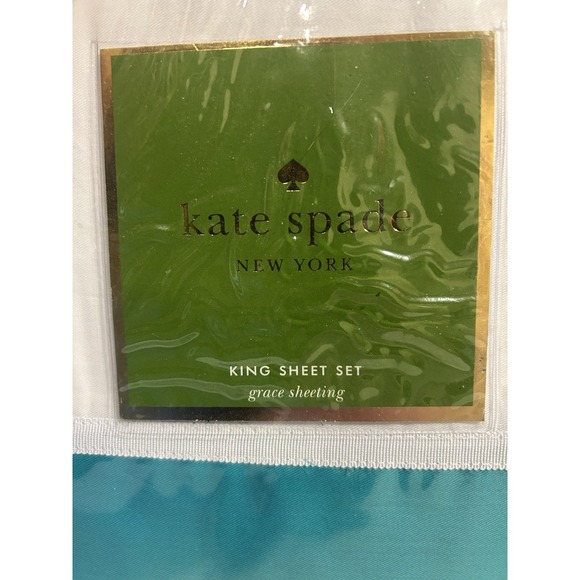 Kate Spade King Sheet Set Grace Sheeting Cotton Turquoise White NWT - Picture 4 of 4